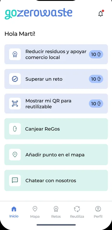 Pantalla de inicio de la app Go Zero Waste